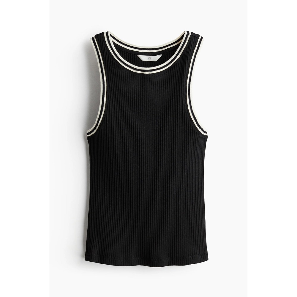 HM Womens Ribbed Knit Tank Top Black Contrast Stripe Trim XXL Sleeveless Tank